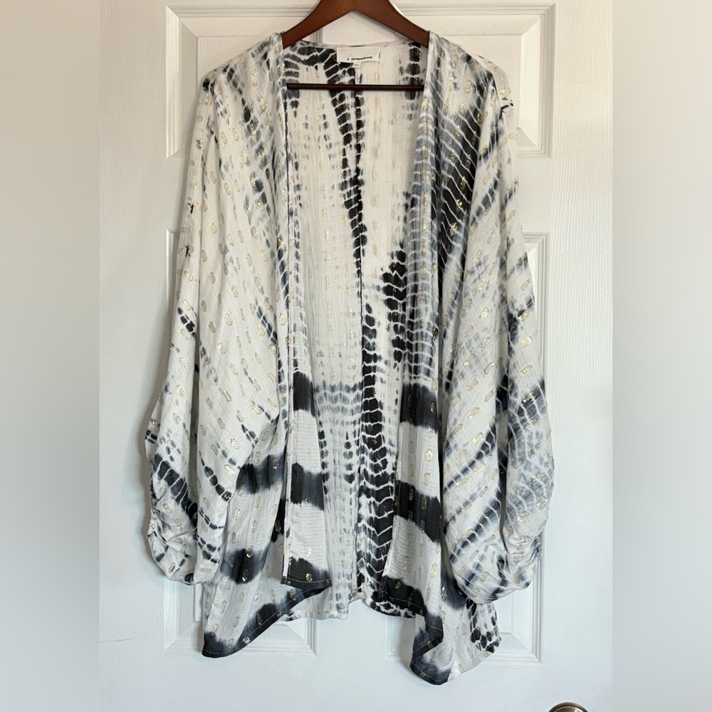 Anthropologie Vada Gold Shimmer Tie Dye Navy & White Cocoon Kimono One Size - Picture 2 of 10